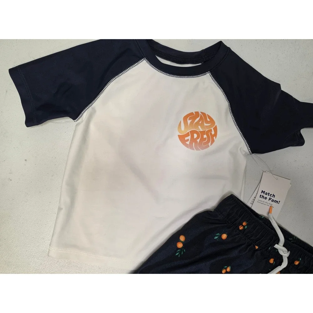 Old Navy Toddler Boys 2T Rash Guard and Swim Trunks Set Navy White Orange Fruit